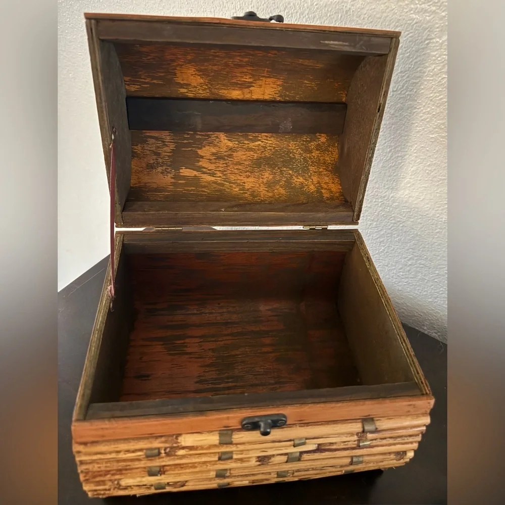 Vintage Bamboo Wooden Chest Trinket Box | Rustic Boho Storage | Rare Collectible